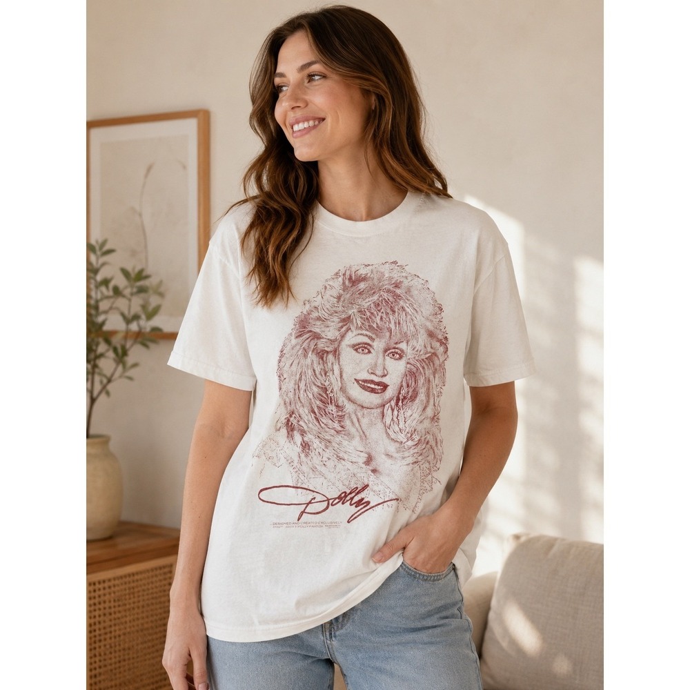 Dolly Parton Dollywood Diamond Dust Graphic T-Shirt White Red XL Made in USA